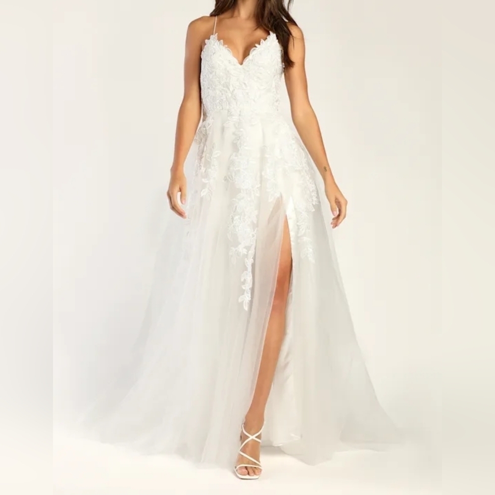 Lulus Vow to Cherish White Embroidered Lace-Up Tulle Maxi Wedding Dress, Size 2